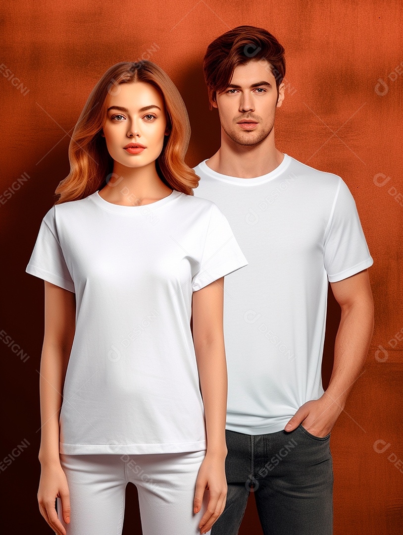 Homem e mulher ruivos usando camisa branca sobre fundo isolado marrom.