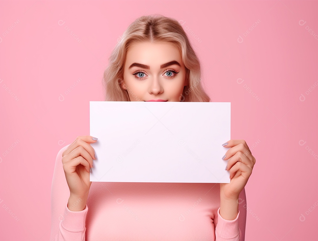 Mulher loira segurando cartaz em branco em fundo isolado rosa.