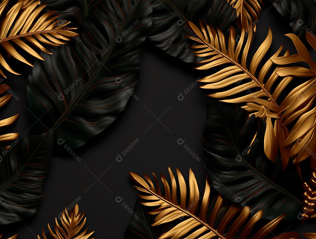 Fundo escuro com folhas pretas e douradas.