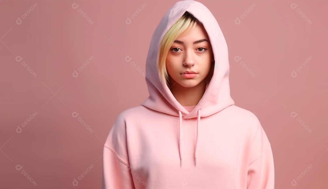 Mulher loira usando moletom com capuz sobre fundo isolado rosa.