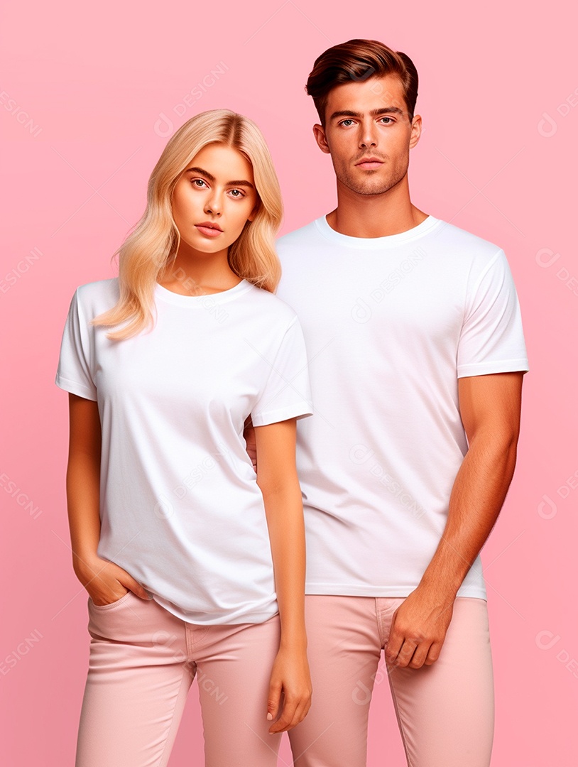 Homem e mulher usando camisa branca sobre fundo isolado rosa.