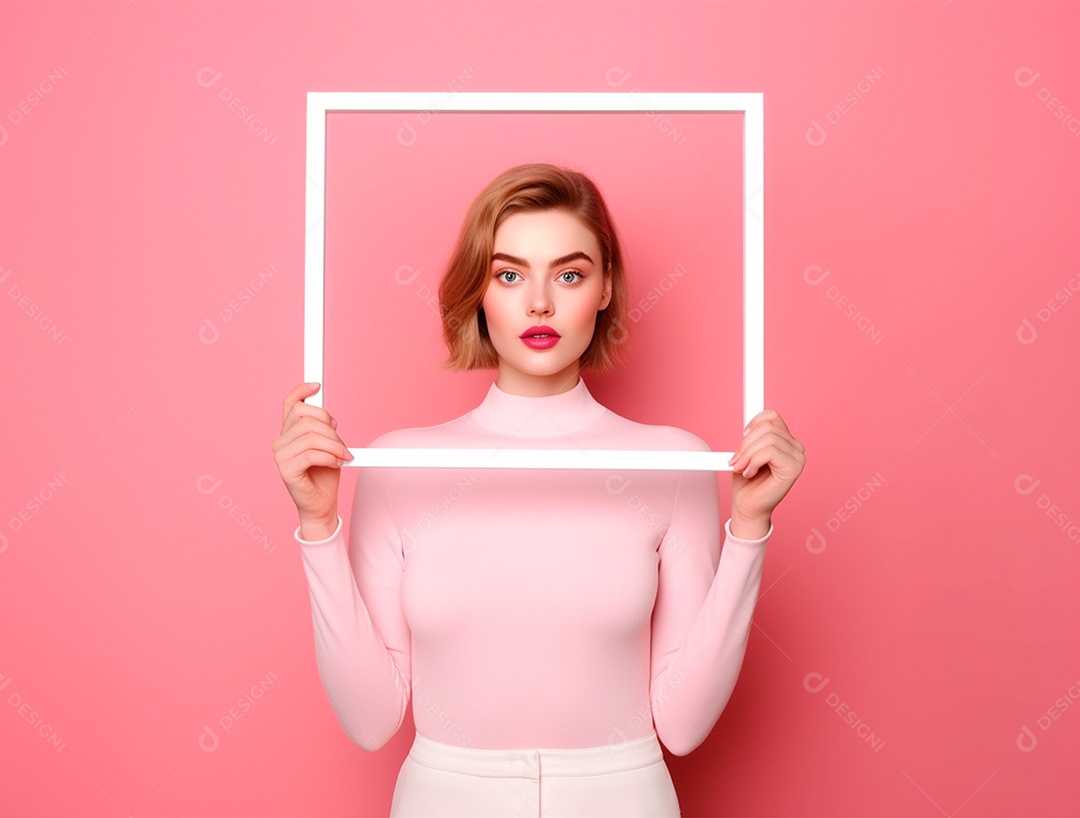 Mulher ruiva segurando moldurada sobre um fundo rosa.