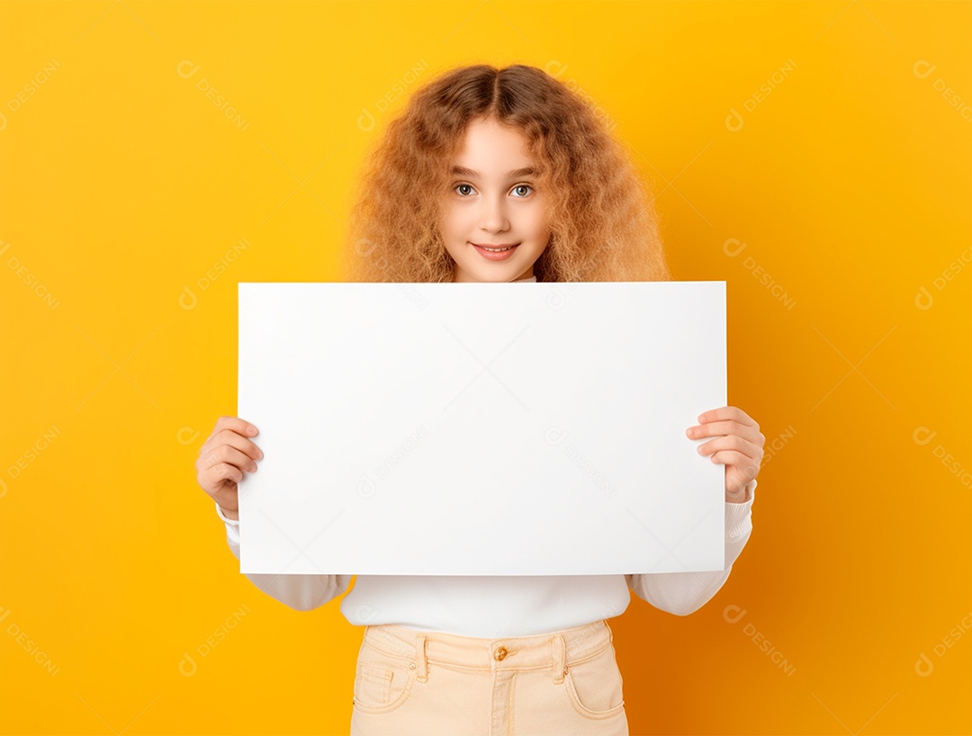 Criança loira segurando cartaz em branco sobre fundo isolado amarelo.