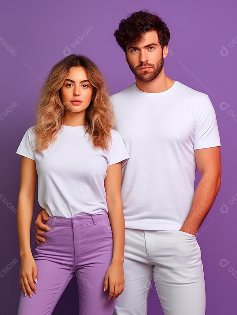 Homem e mulher usando camisa branca sobre fundo isolado lilás.