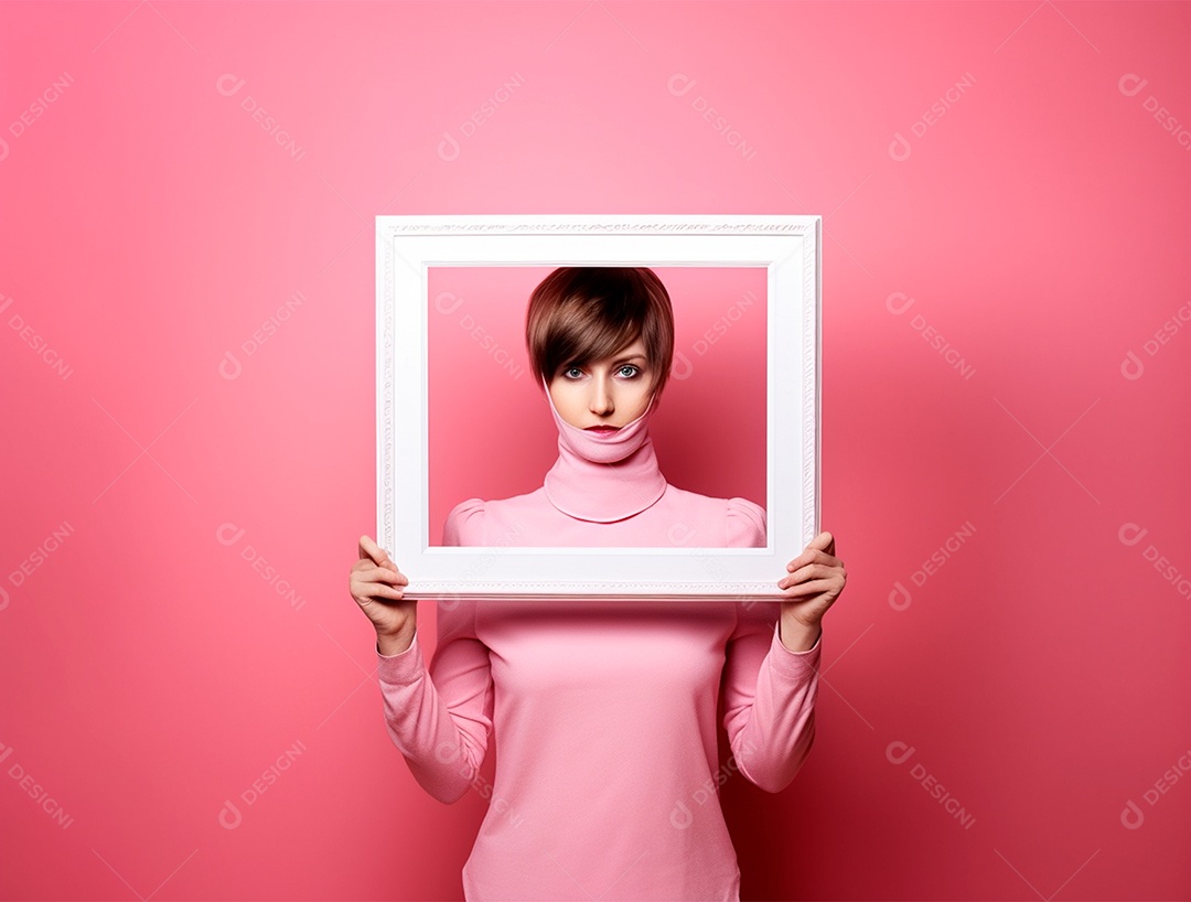 Mulher segurando moldura sobre fundo isolado rosa.
