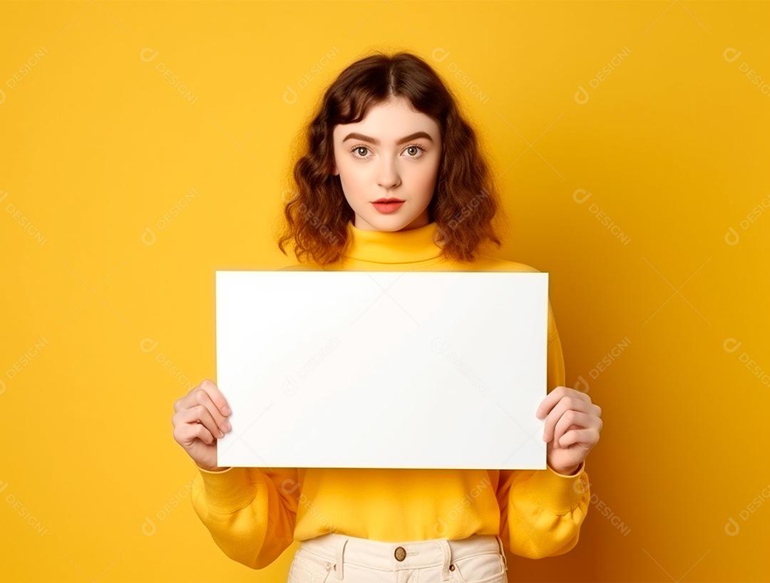 Mulher ruiva segurando um cartaz em  branco sobre fundo amarelo.