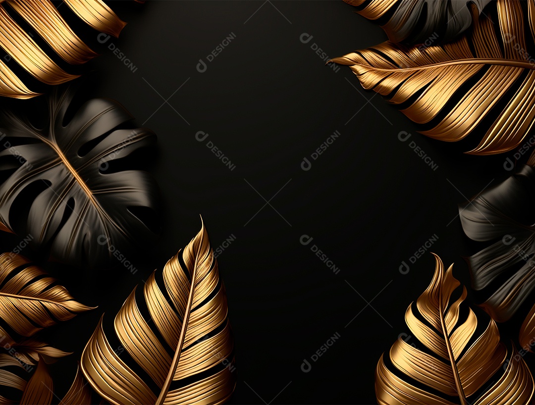 Fundo escuro com folhas pretas e douradas.