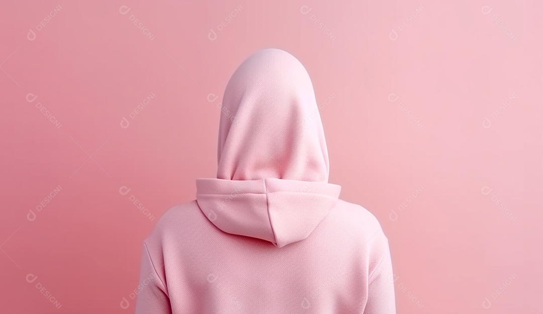 Pessoa de costa usando moletom com capuz sobre fundo isolado rosa.