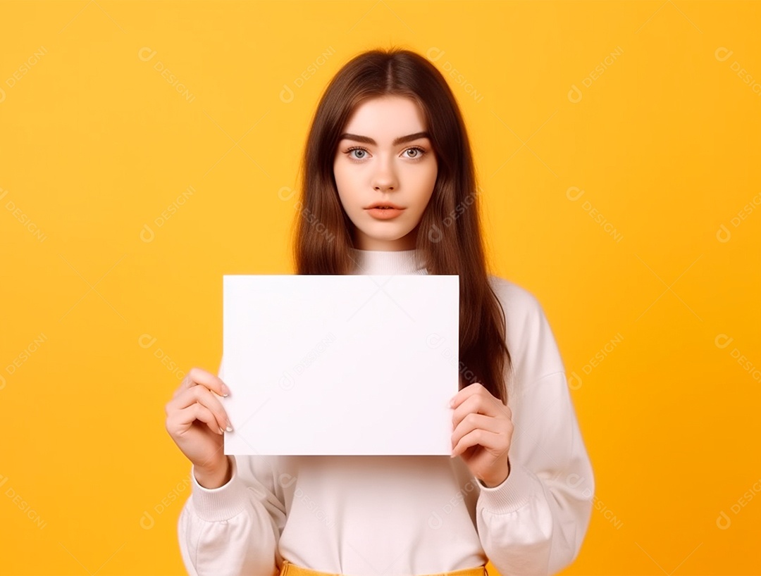 Mulher ruiva segurando cartaz em branco sobre fundo amarelo.