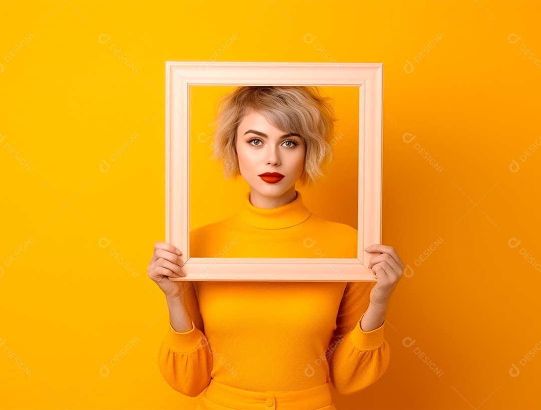 Mulher loira segurando moldura sobre um fundo amarelo.
