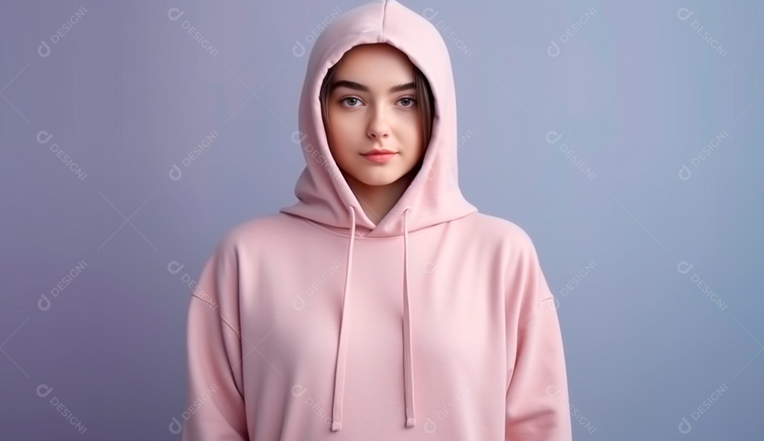 Pessoa usando moletom com capuz sobre um fundo isolado claro.