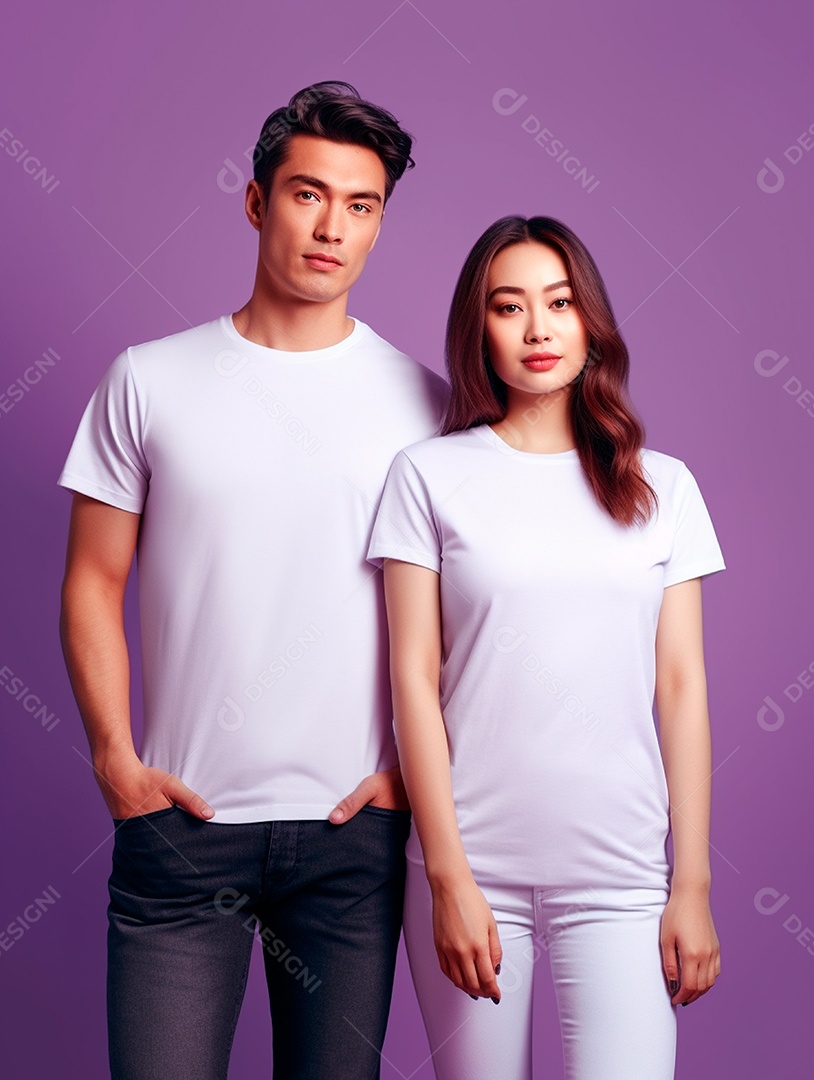 Homem e mulher usando camisa branca sobre fundo isolado lilás.