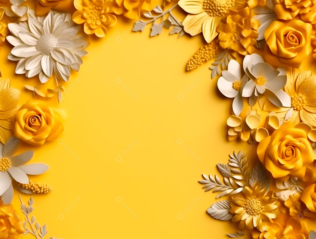 Flores e folhas sobre um fundo amarelo.
