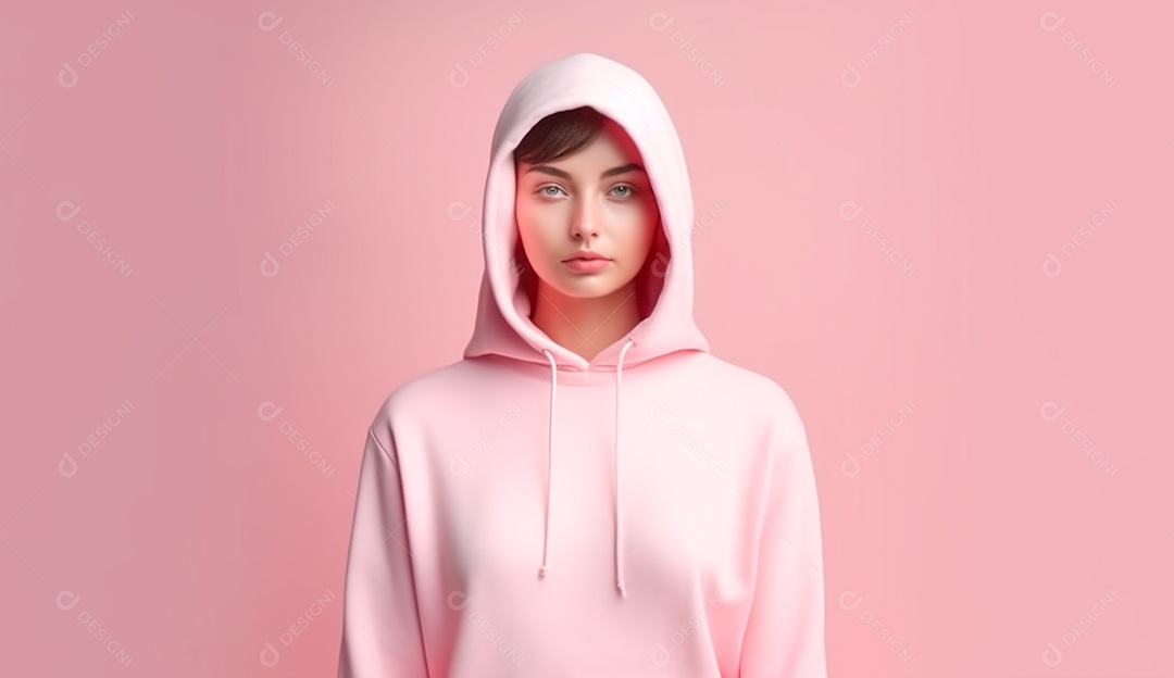 Pessoa usando moletom com capuz sobre um fundo isolado rosa.