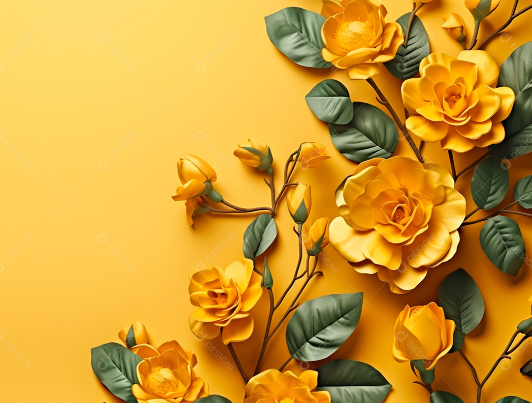 Flores e folhas sobre um fundo amarelo.