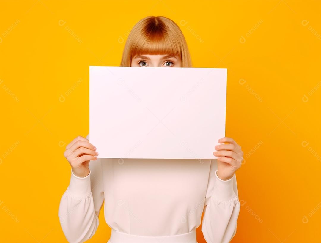 Pessoa segurando cartaz branco sobre um fundo amarelo.