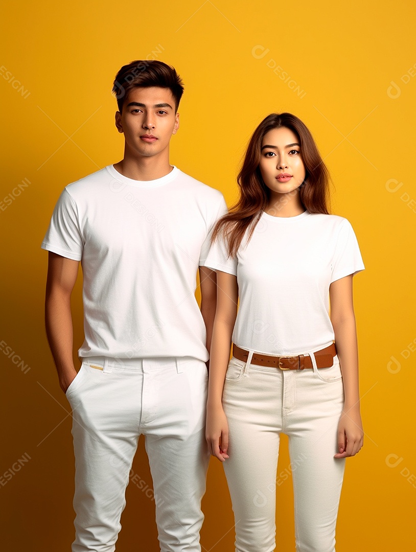 Homem e mulher usando camisa branca sobre fundo isolado amarelo.