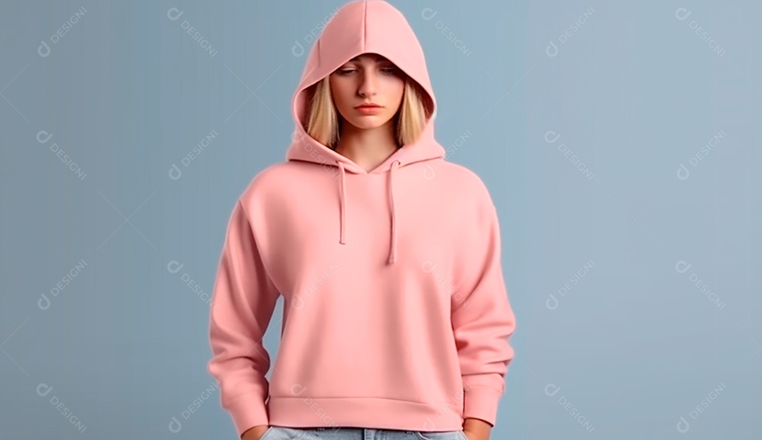 Mulher loira usando moletom com capuz sobre fundo isolado azul.