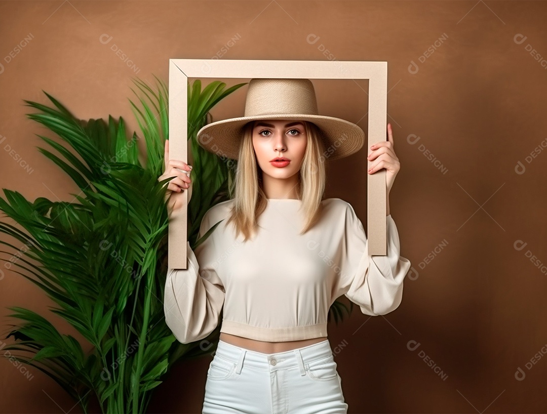 Mulher loira usando chapéu segurando moldura sobre fundo marrom com plantas.