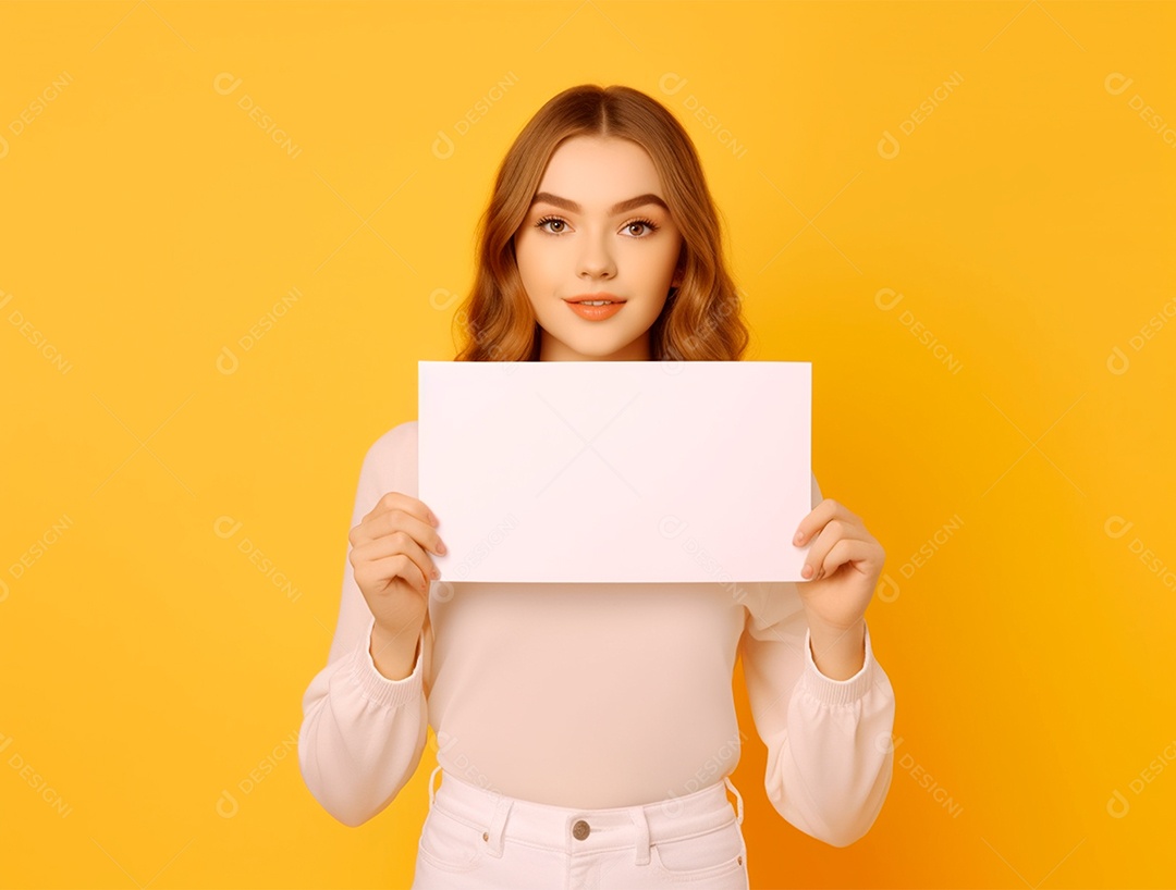 Mulher ruiva segurando um cartaz em  branco sobre fundo amarelo.