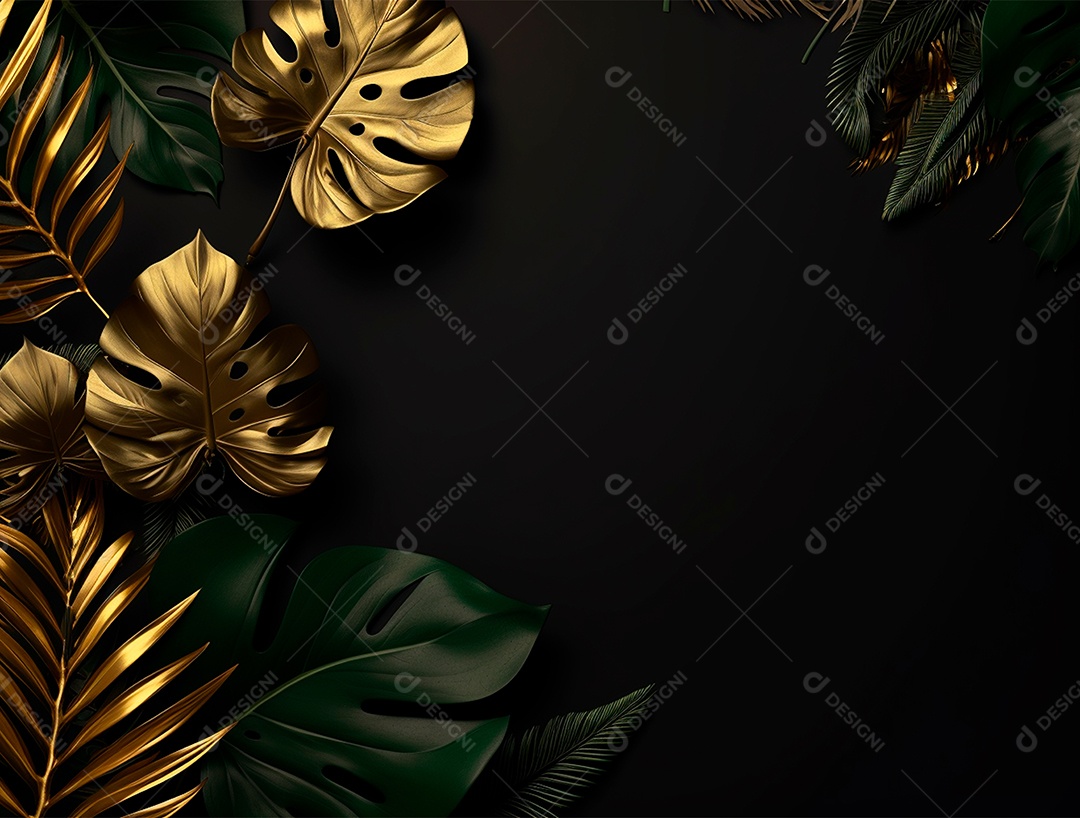 Fundo escuro com folhas pretas e douradas.