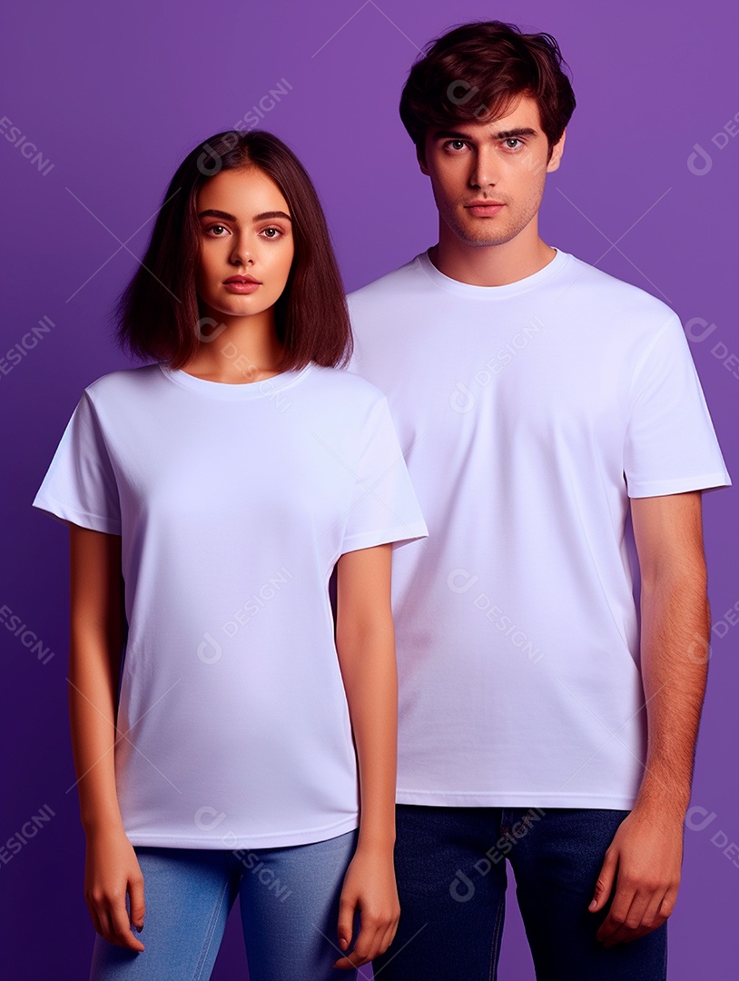 Homem e mulher usando camisa branca sobre fundo isolado lilás.