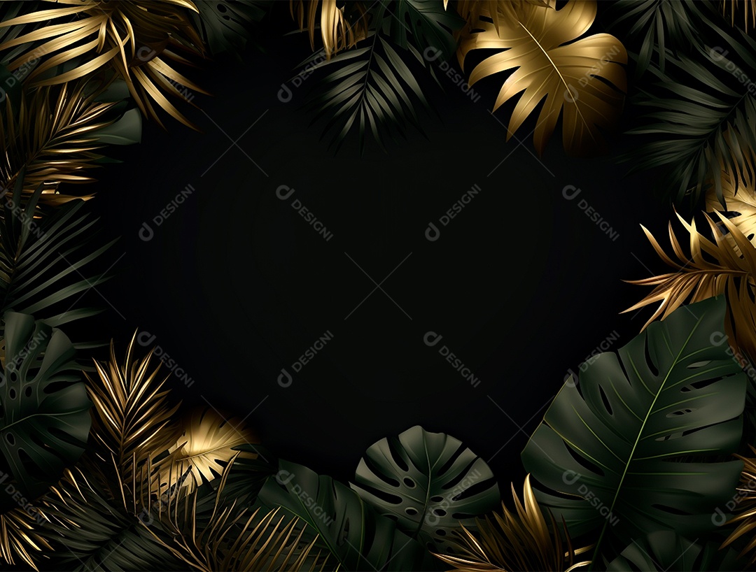 Fundo escuro com folhas pretas e douradas.
