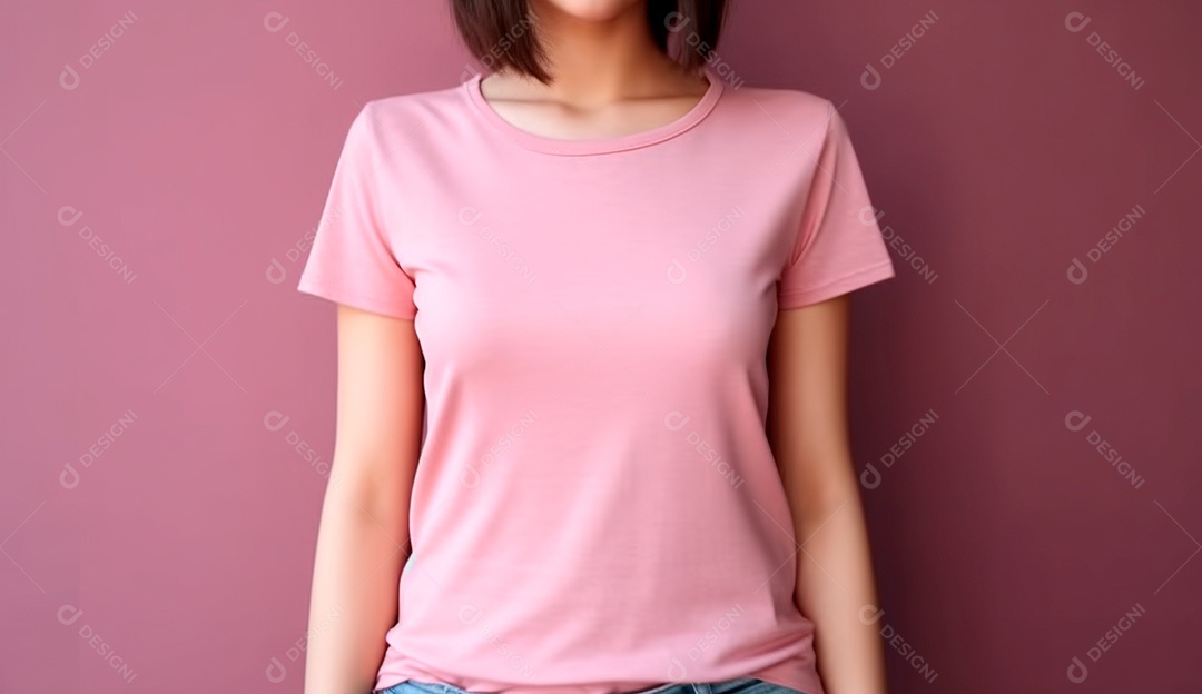 Mulher usando blusa em tons claros sobre fundo isolado rosa.