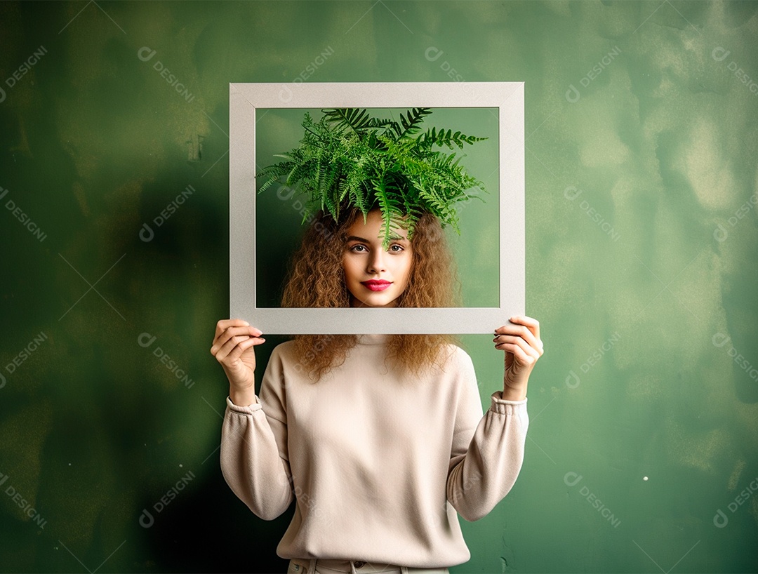 Mulher ruiva com samambaia sobre a cabeça segurando moldura sobre fundo verde.