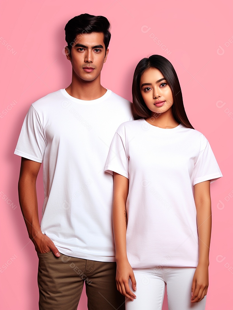 Homem e mulher usando camisas brancas sobre fundo isolado rosa.