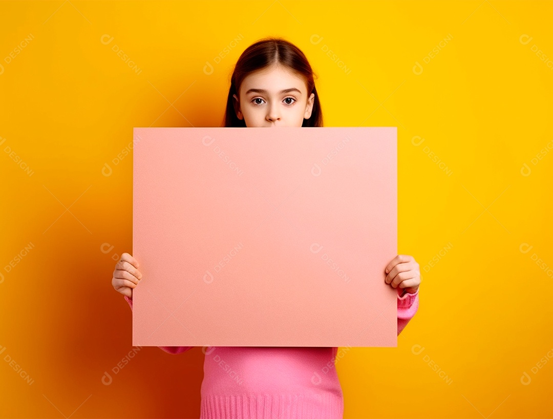 Menina segurando cartaz sobre fundo isolado amarelo.
