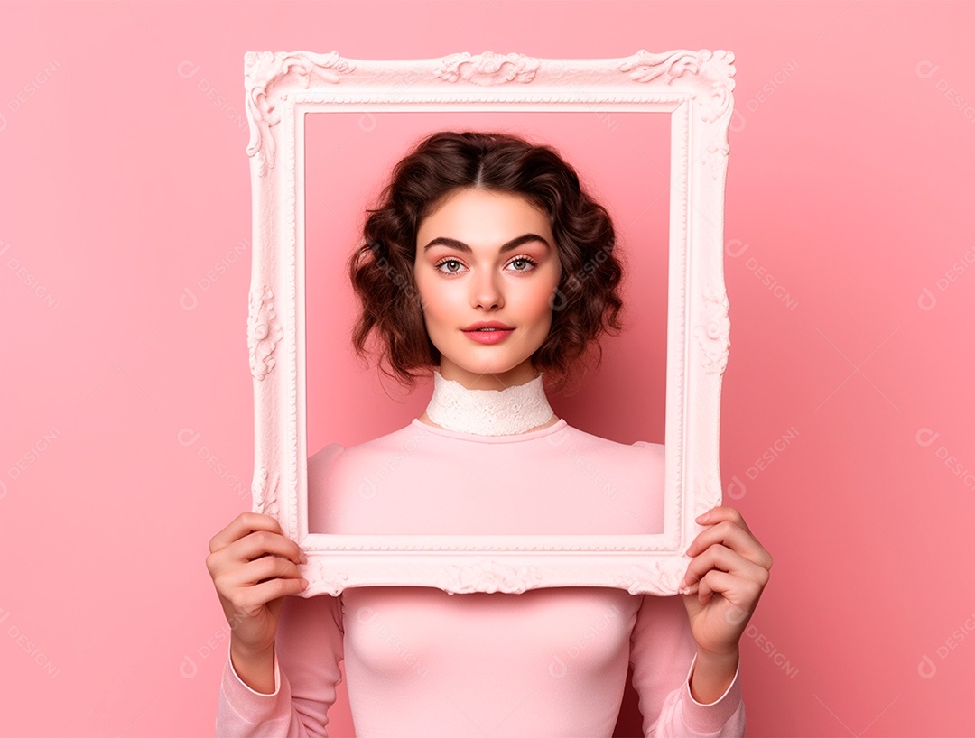 Mulher segurando moldura sobre fundo isolado rosa.