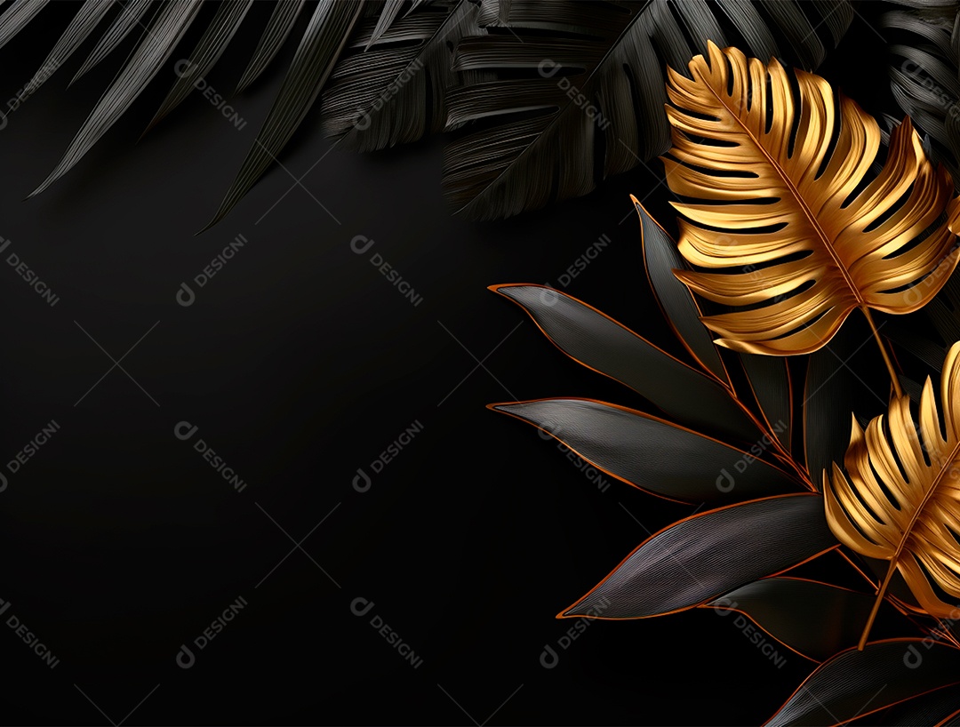 Fundo escuro com folhas pretas e douradas.