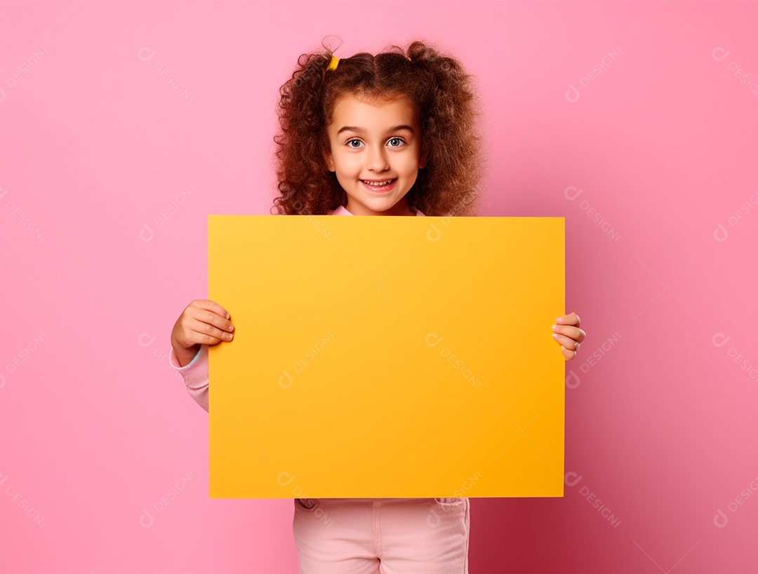 Criança segurando cartaz amarelo sobre fundo rosa.