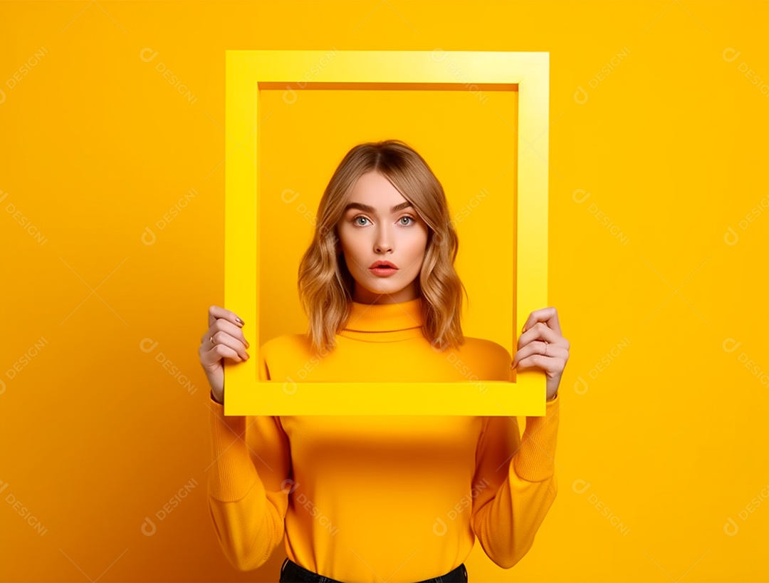 Mulher loira segurando moldura sobre um fundo amarelo.