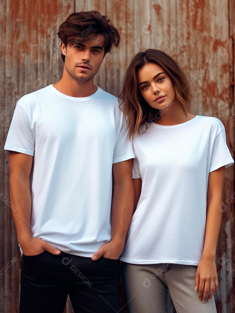 Homem e mulher usando camisa branca sobre fundo isolado marrom.
