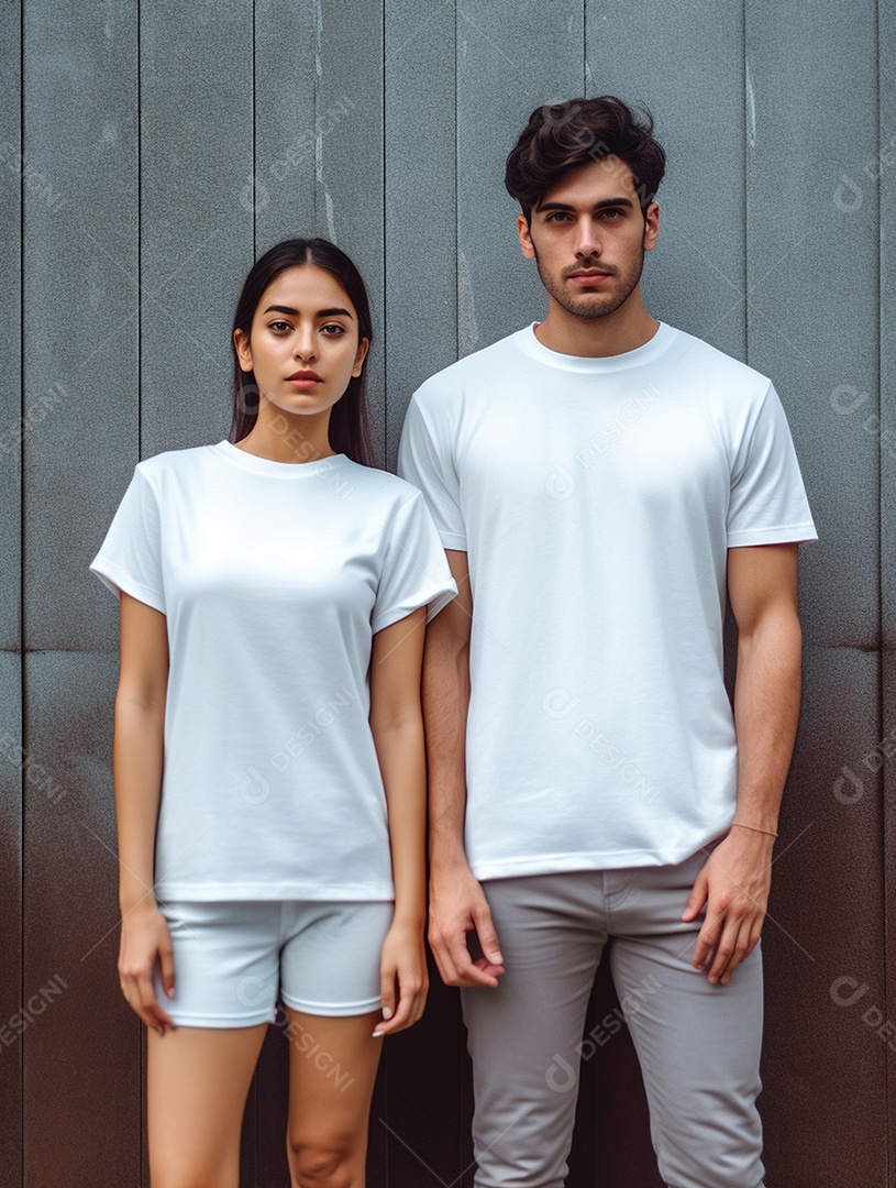 Homem e mulher usando camisa branca sobre fundo isolado cinza.