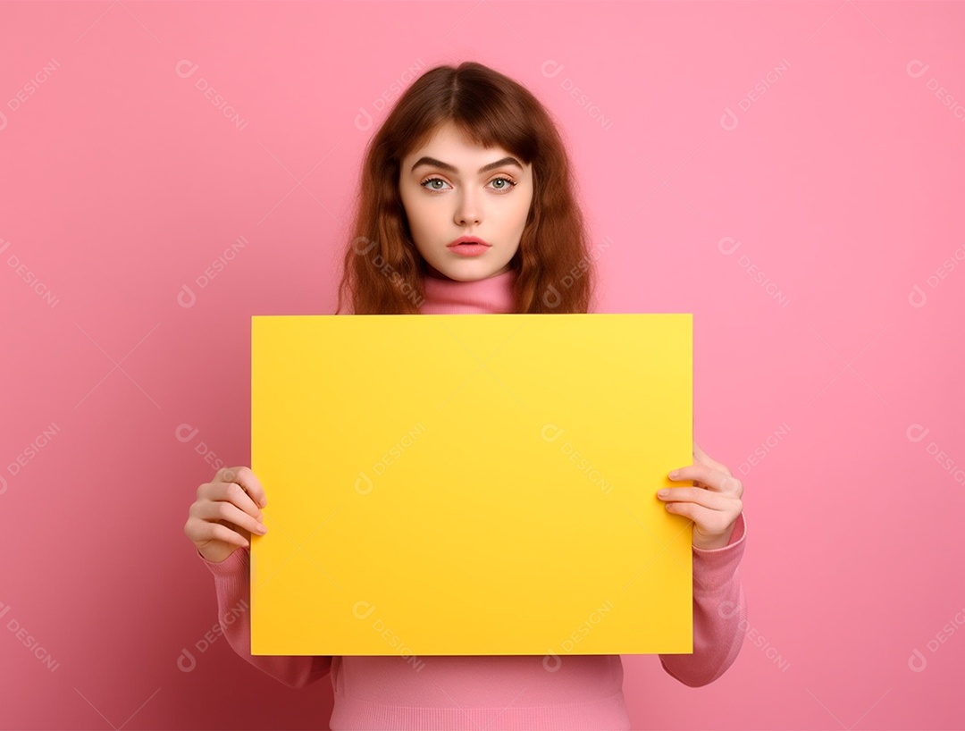 Mulher ruiva segurando cartaz amarelo sobre fundo isolado rosa.