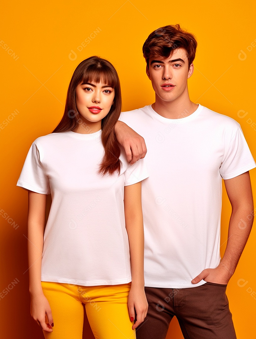 Homem e mulher usando camisa branca sobre fundo isolado amarelo.