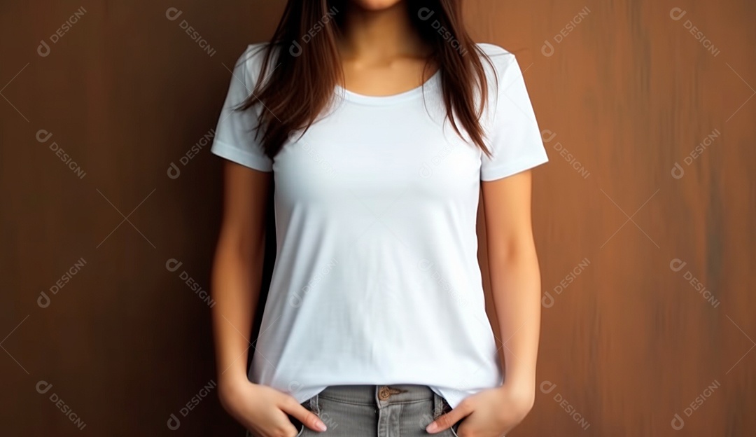 Mulher usando camisa branca sobre fundo marrom.