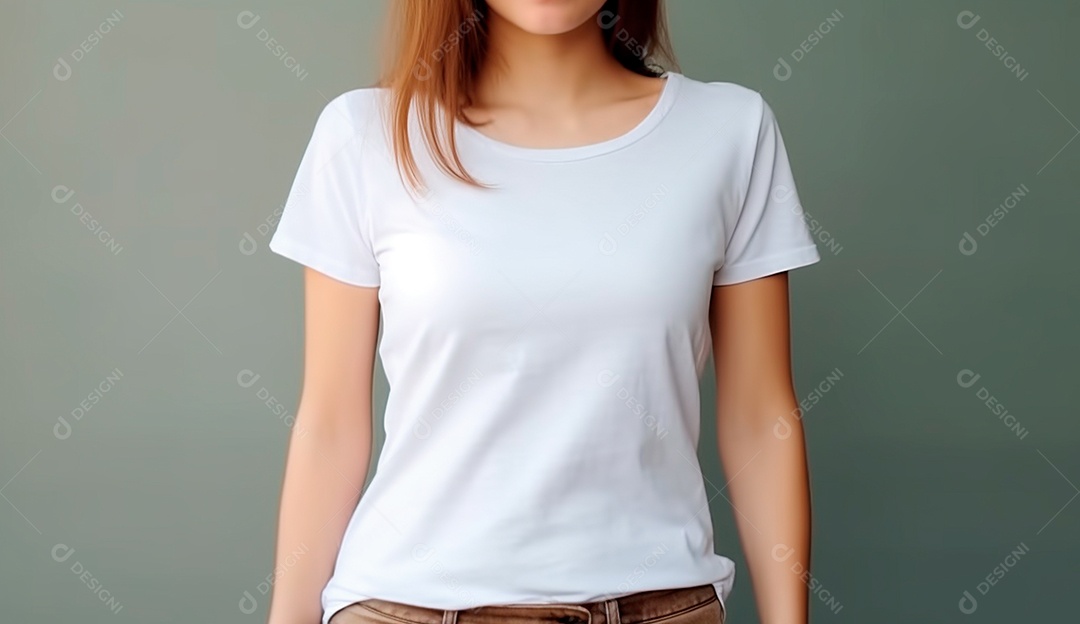 Mulher ruiva usando camisa branca sobre fundo isolado cinza.