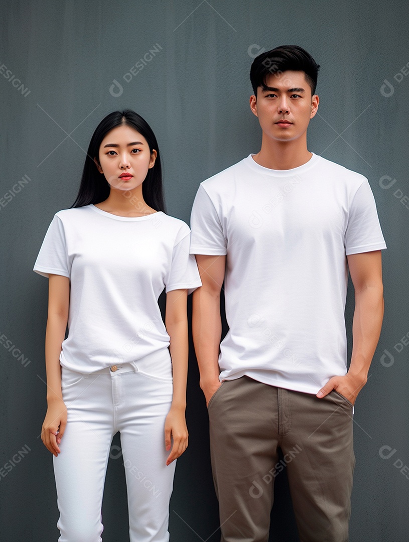 Homem e mulher usando camisa branca sobre fundo isolado cinza.