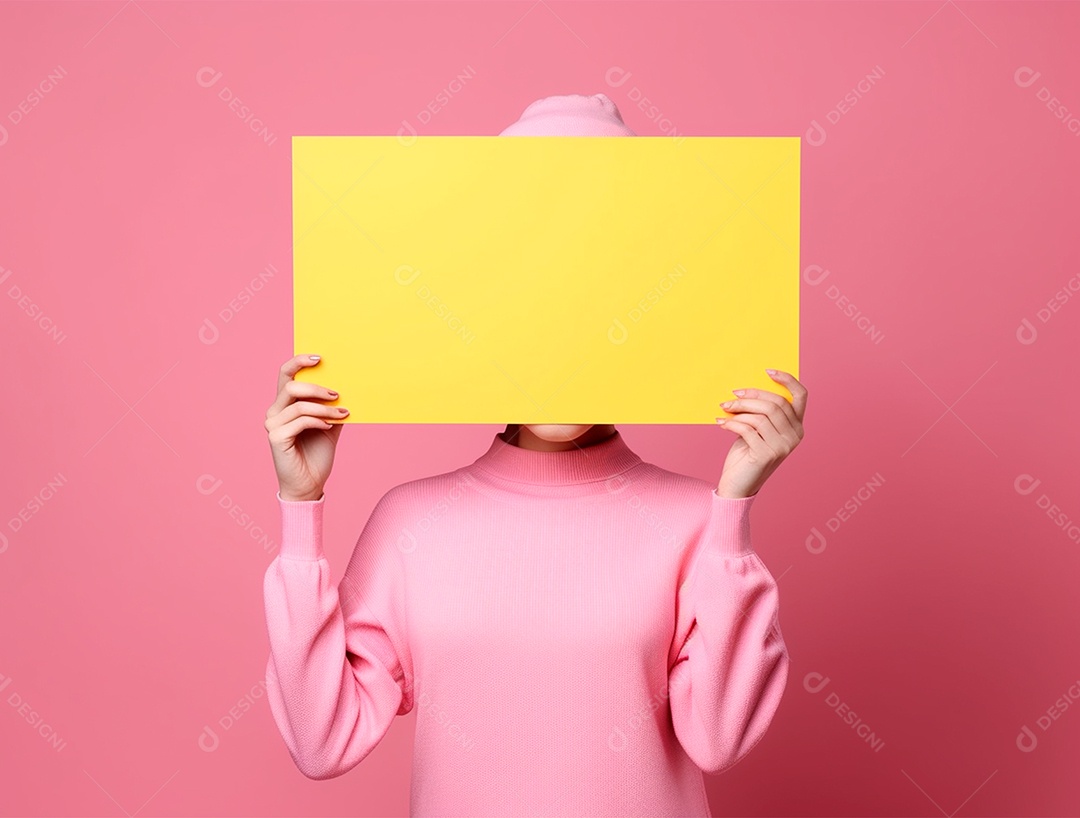 Pessoa segurando cartaz amarelo sobre o rosto em um fundo rosa.