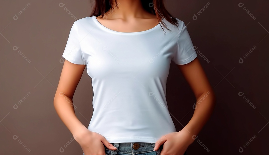 Mulher usando camisa branca sobre fundo marrom.