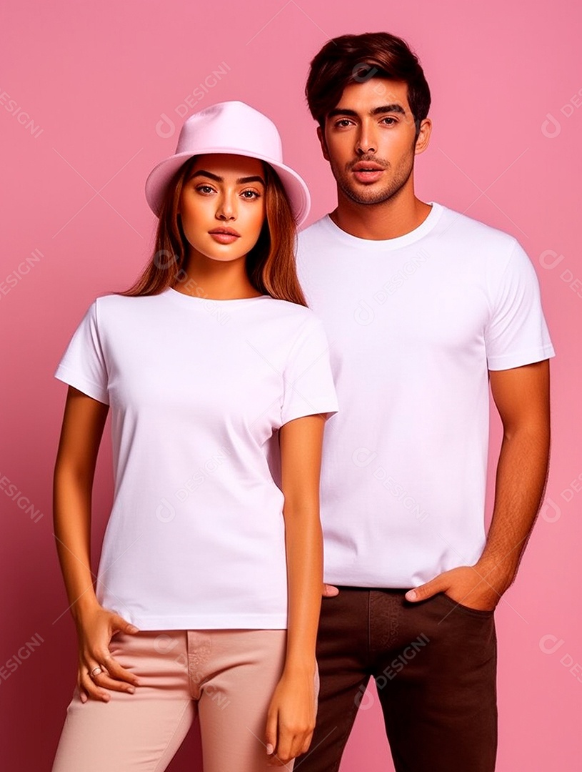 Homem e mulher usando camisa branca sobre fundo isolado rosa.