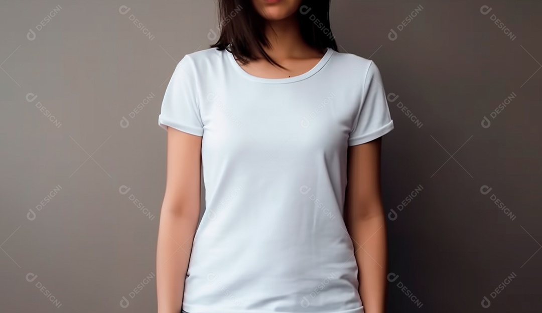 Mulher usando blusa branca sobre um fundo isolado.