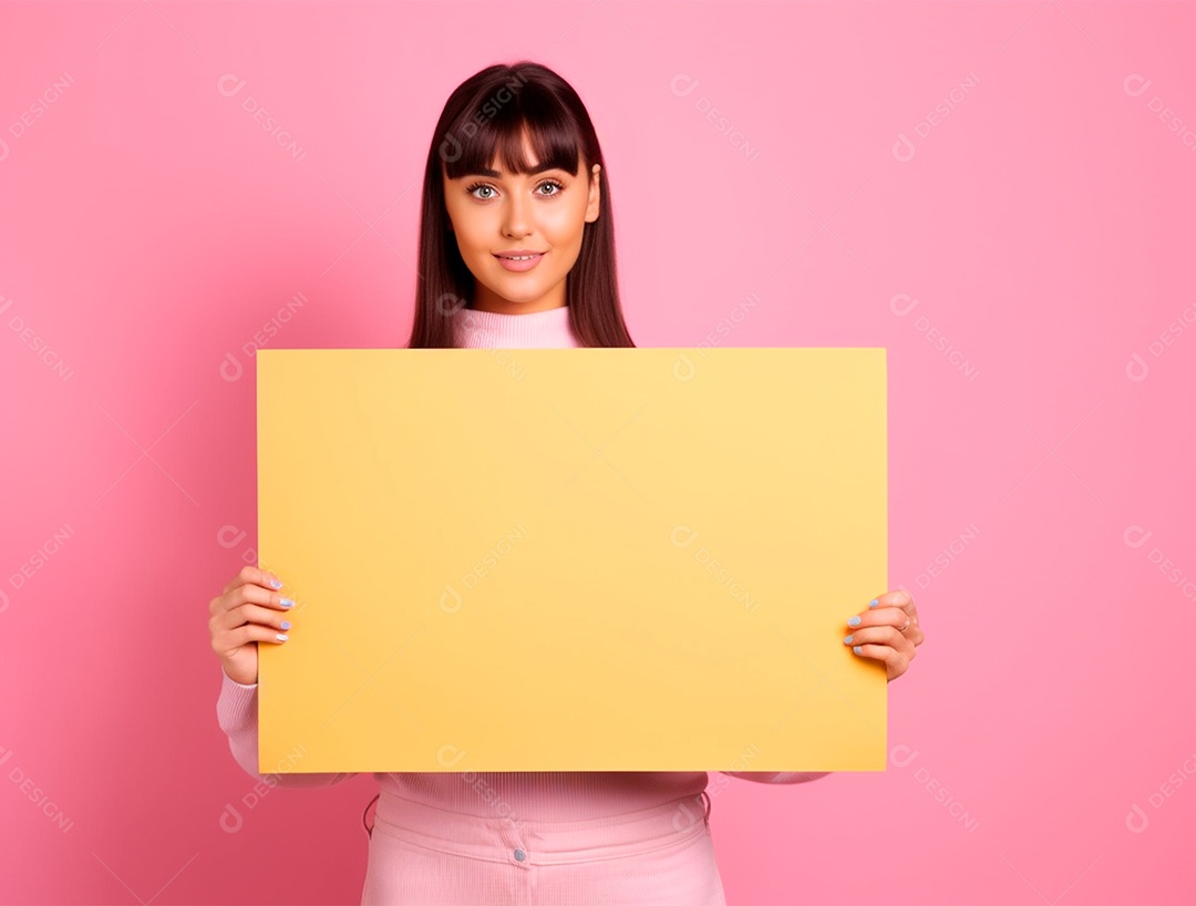 Mulher segurando cartaz amarelo sobre fundo isolado rosa.