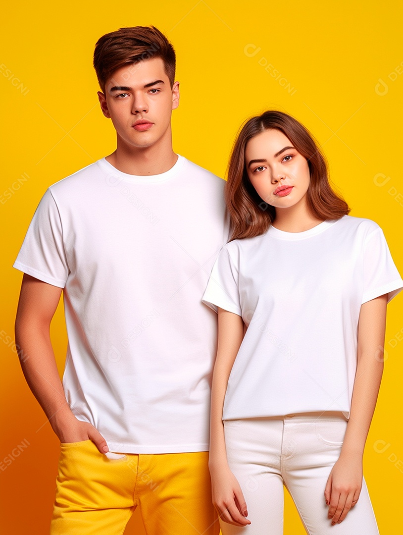 Homem e mulher usando camisa branca sobre fundo isolado amarelo.