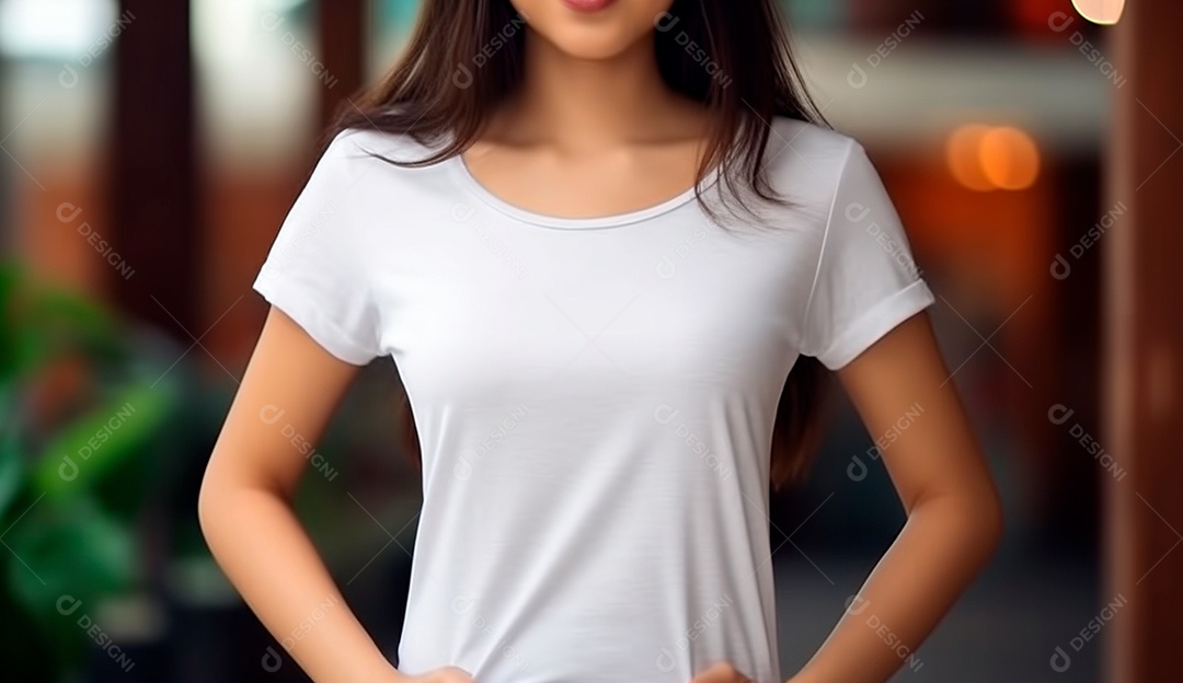 Mulher usando camisa branca sobre fundo desfocado.