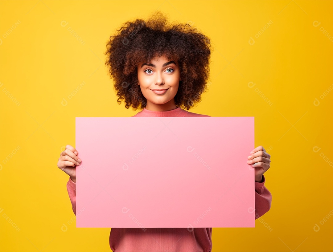 Mulher segurando cartaz amarelo sobre fundo isolado rosa.